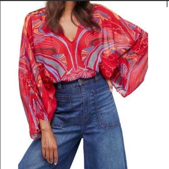 Free People Tops - Free People Red Kimono Sleeve, Beneath The Sea Blouse Top